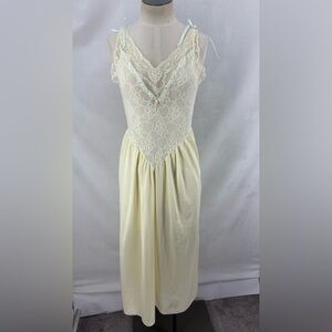 Vintage Ivory Lace Nightgown Slip Dress Satin Skirt & Blue Ribbon Bows Small